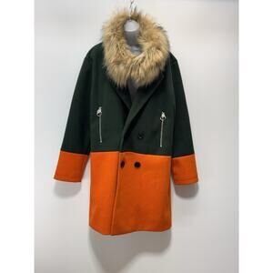 Stylish Green and Orange Women's Coat with Faux Fur Collar